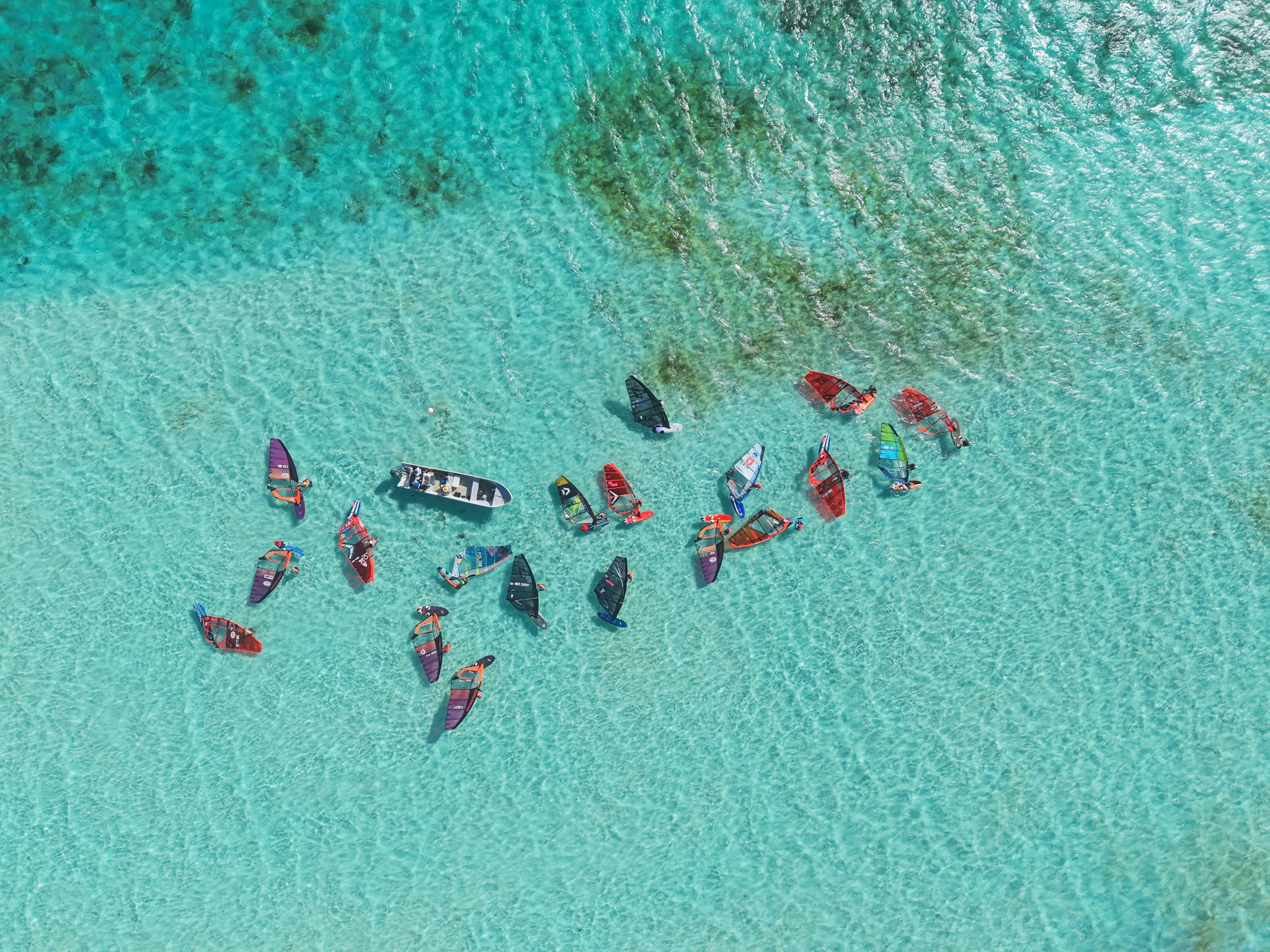 Windsurfing fleet viewed from above